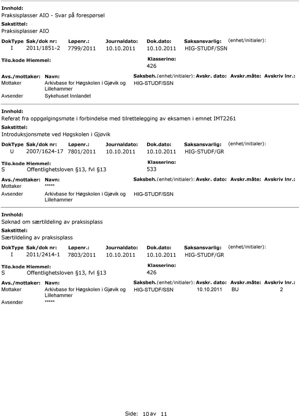 emnet MT2261 ntroduksjonsmøte ved Høgskolen i Gjøvik 2007/1624-17 7801/2011 533 HG-TDF/N øknad om