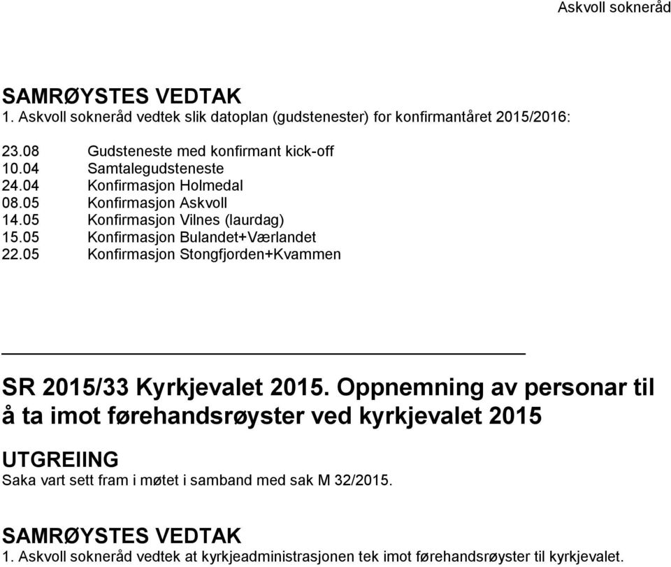 05 Konfirmasjon Bulandet+Værlandet 22.05 Konfirmasjon Stongfjorden+Kvammen SR 2015/33 Kyrkjevalet 2015.