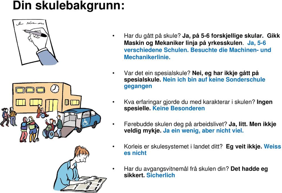 Nein ich bin auf keine Sonderschule gegangen Kva erfaringar gjorde du med karakterar i skulen? Ingen spesielle.