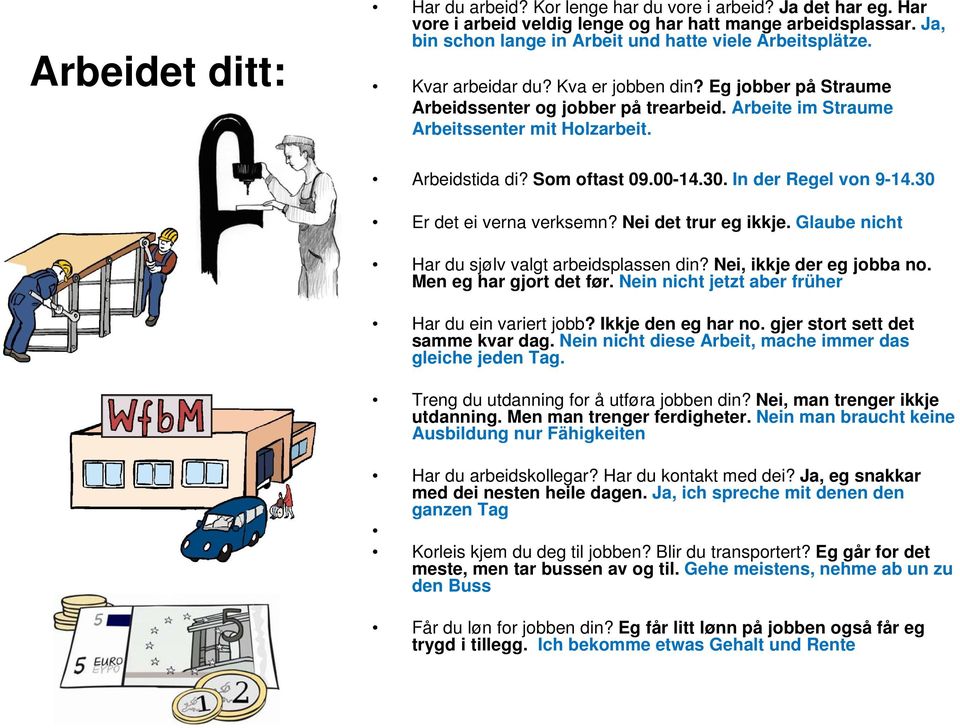 Arbeite im Straume Arbeitssenter mit Holzarbeit. Arbeidstida di? Som oftast 09.00-14.30. In der Regel von 9-14.30 Er det ei verna verksemn? Nei det trur eg ikkje.