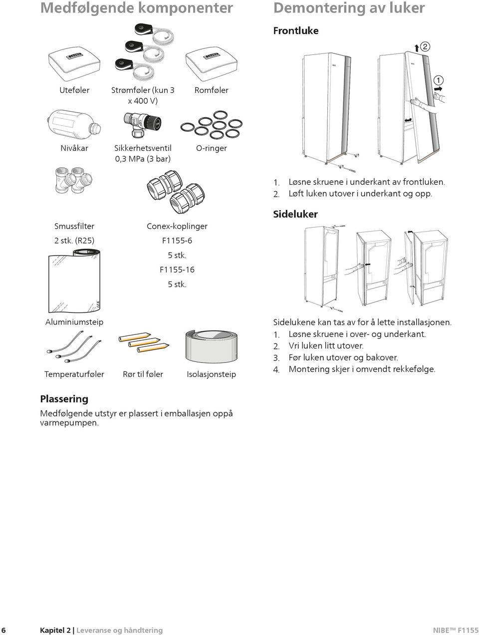 Sideluker LEK LEK LEK LEK Aluminiumsteip Temperaturføler Rør til føler Isolasjsteip LEK Sidelukene kan tas av for å lette installasjen. 1. Løsne skruene i over- og underkant. 2.