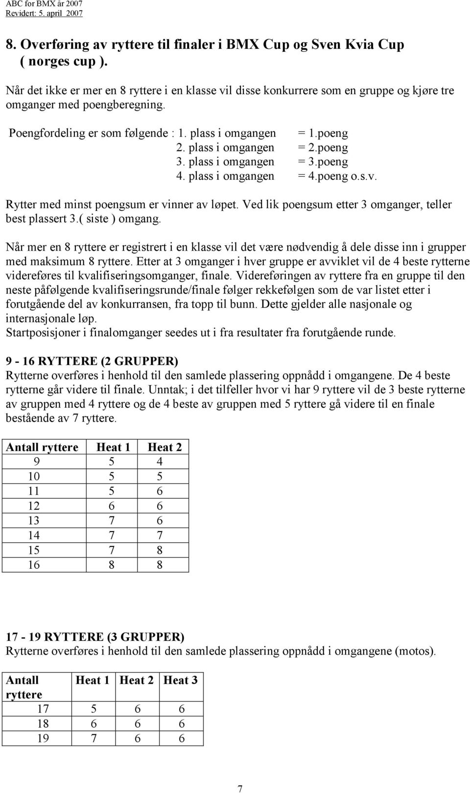 plass i omgangen = 2.poeng 3. plass i omgangen = 3.poeng 4. plass i omgangen = 4.poeng o.s.v. Rytter med minst poengsum er vinner av løpet. Ved lik poengsum etter 3 omganger, teller best plassert 3.