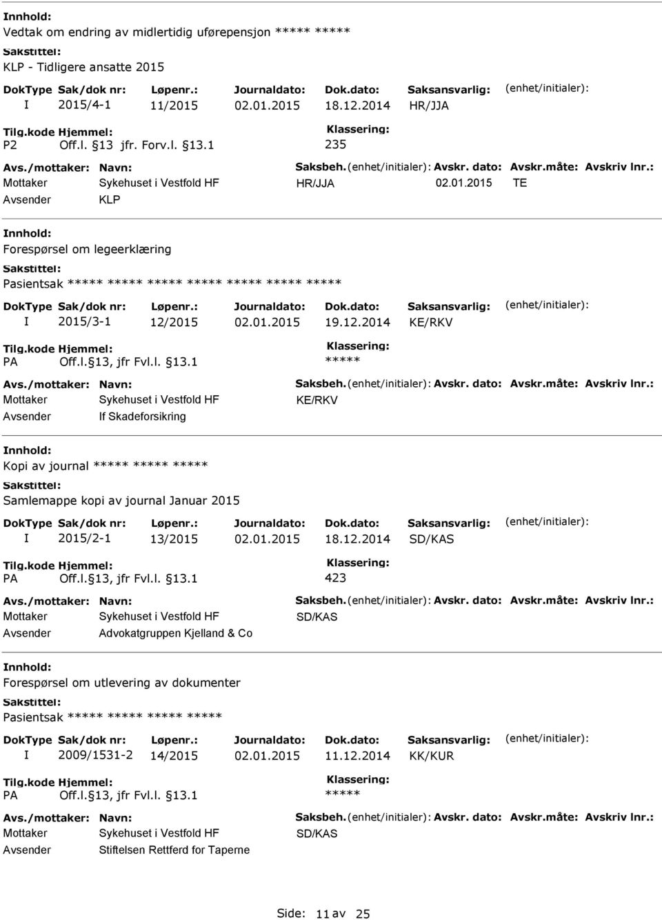 : KE/RKV f Skadeforsikring Kopi av journal Samlemappe kopi av journal Januar 2015 2015/2-1 13/2015 18.12.2014 SD/KAS 423 Avs./mottaker: Navn: Saksbeh. Avskr. dato: Avskr.måte: Avskriv lnr.