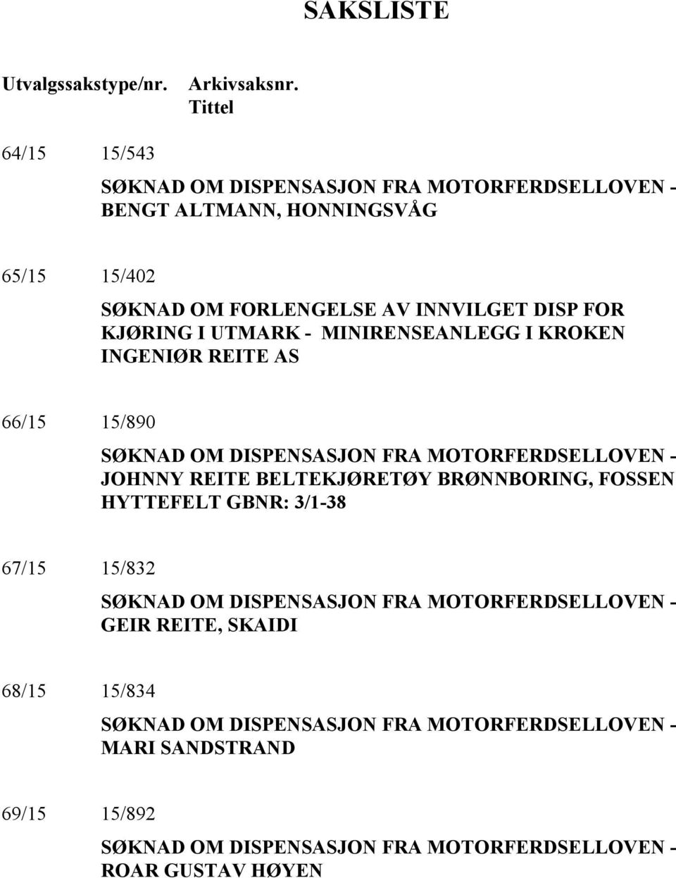 KJØRING I UTMARK - MINIRENSEANLEGG I KROKEN INGENIØR REITE AS 66/15 15/890 SØKNAD OM DISPENSASJON FRA MOTORFERDSELLOVEN - JOHNNY REITE BELTEKJØRETØY