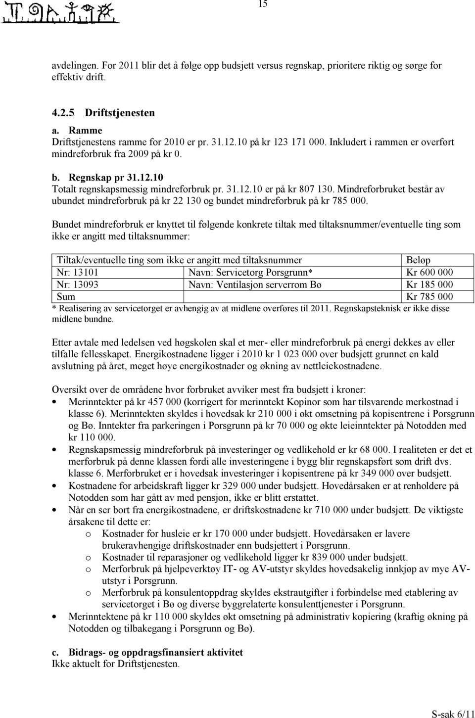 Mindreforbruket består av ubundet mindreforbruk på kr 22 130 og bundet mindreforbruk på kr 785 000.