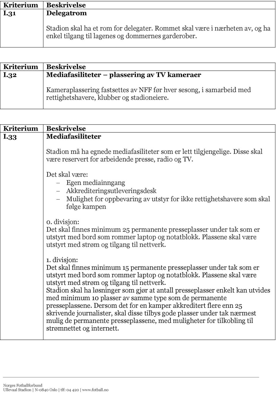 33 Mediafasiliteter Stadion må ha egnede mediafasiliteter som er lett tilgjengelige. Disse skal være reservert for arbeidende presse, radio og TV.