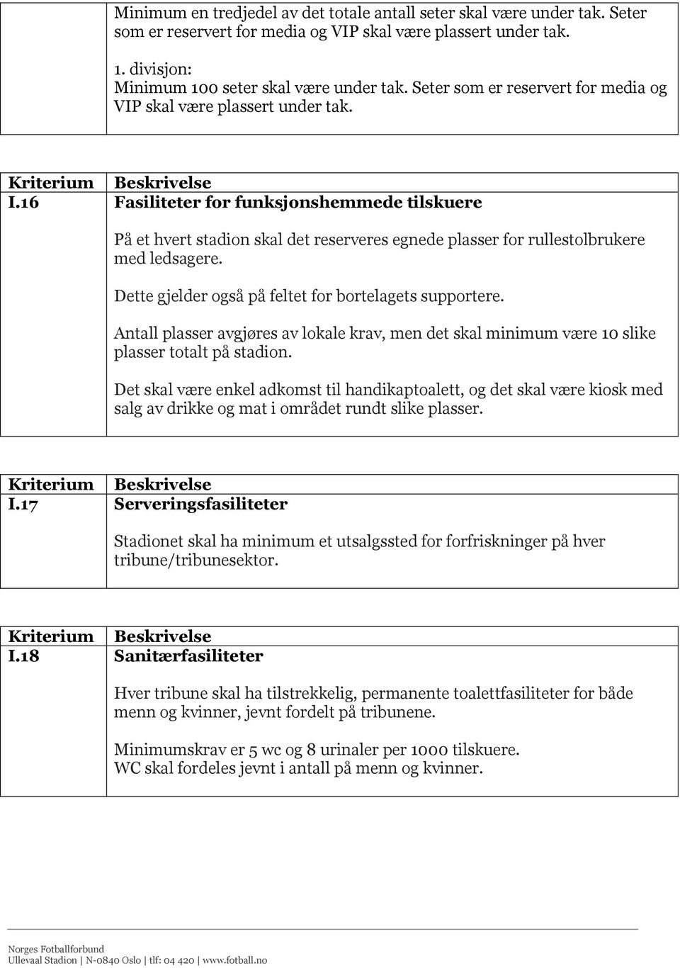 16 Fasiliteter for funksjonshemmede tilskuere På et hvert stadion skal det reserveres egnede plasser for rullestolbrukere med ledsagere. Dette gjelder også på feltet for bortelagets supportere.