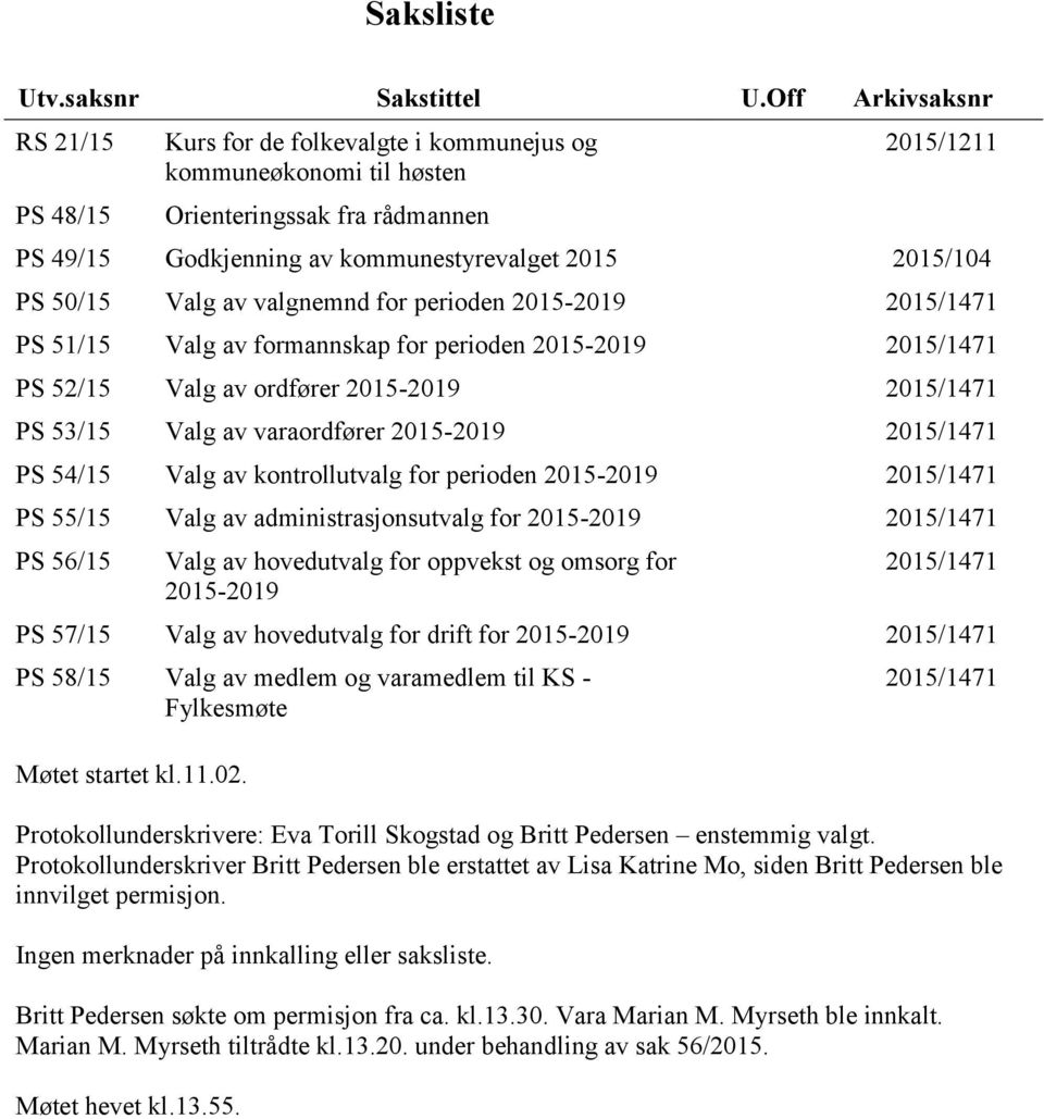 50/15 Valg av valgnemnd for perioden 2015-2019 2015/1471 PS 51/15 Valg av formannskap for perioden 2015-2019 2015/1471 PS 52/15 Valg av ordfører 2015-2019 2015/1471 PS 53/15 Valg av varaordfører