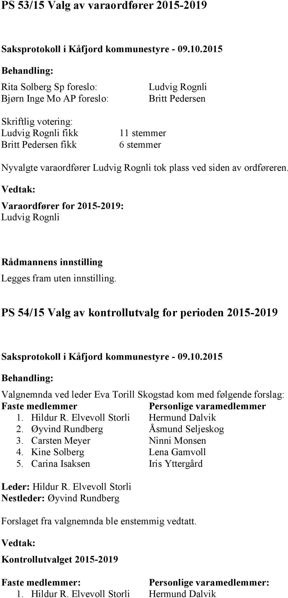 Varaordfører for 2015-2019: Ludvig Rognli PS 54/15 Valg av kontrollutvalg for perioden 2015-2019 Valgnemnda ved leder Eva Torill Skogstad kom med følgende forslag: Faste medlemmer Personlige