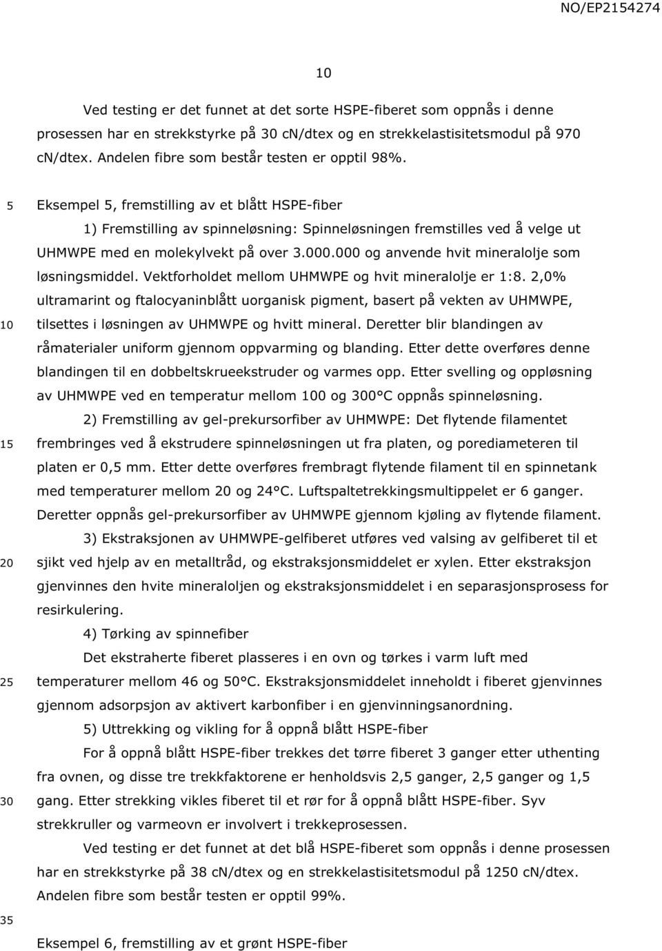 1 2 Eksempel, fremstilling av et blått HSPE-fiber 1) Fremstilling av spinneløsning: Spinneløsningen fremstilles ved å velge ut UHMWPE med en molekylvekt på over 3.000.