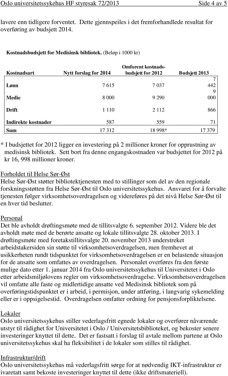 (Beløp i 1000 kr) Kostnadsart Nytt forslag for 2014 Omforent kostnadsbudsjett for 2012 Budsjett 2013 Lønn 7 615 7 037 7 442 Medie 8 000 9 290 9 000 Drift 1 110 2 112 866 Indirekte kostnader 587 559