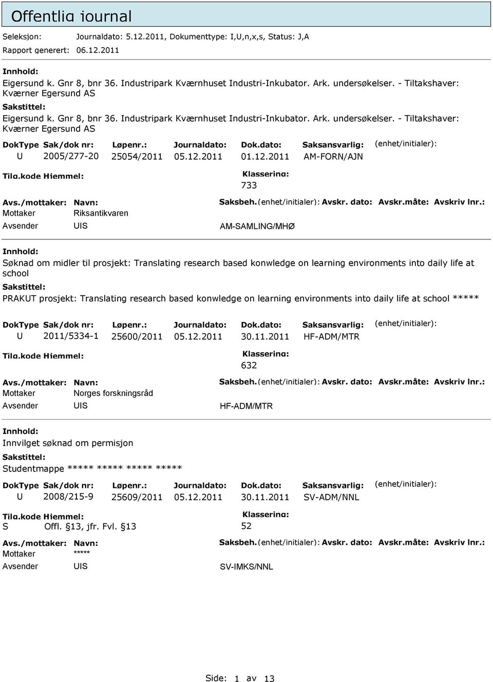 - Tiltakshaver: Kværner Egersund A 2005/277-20 25054/2011 AM-FORN/AJN 733 Mottaker Riksantikvaren AM-AMLNG/MHØ øknad om midler til prosjekt: Translating research based konwledge on learning