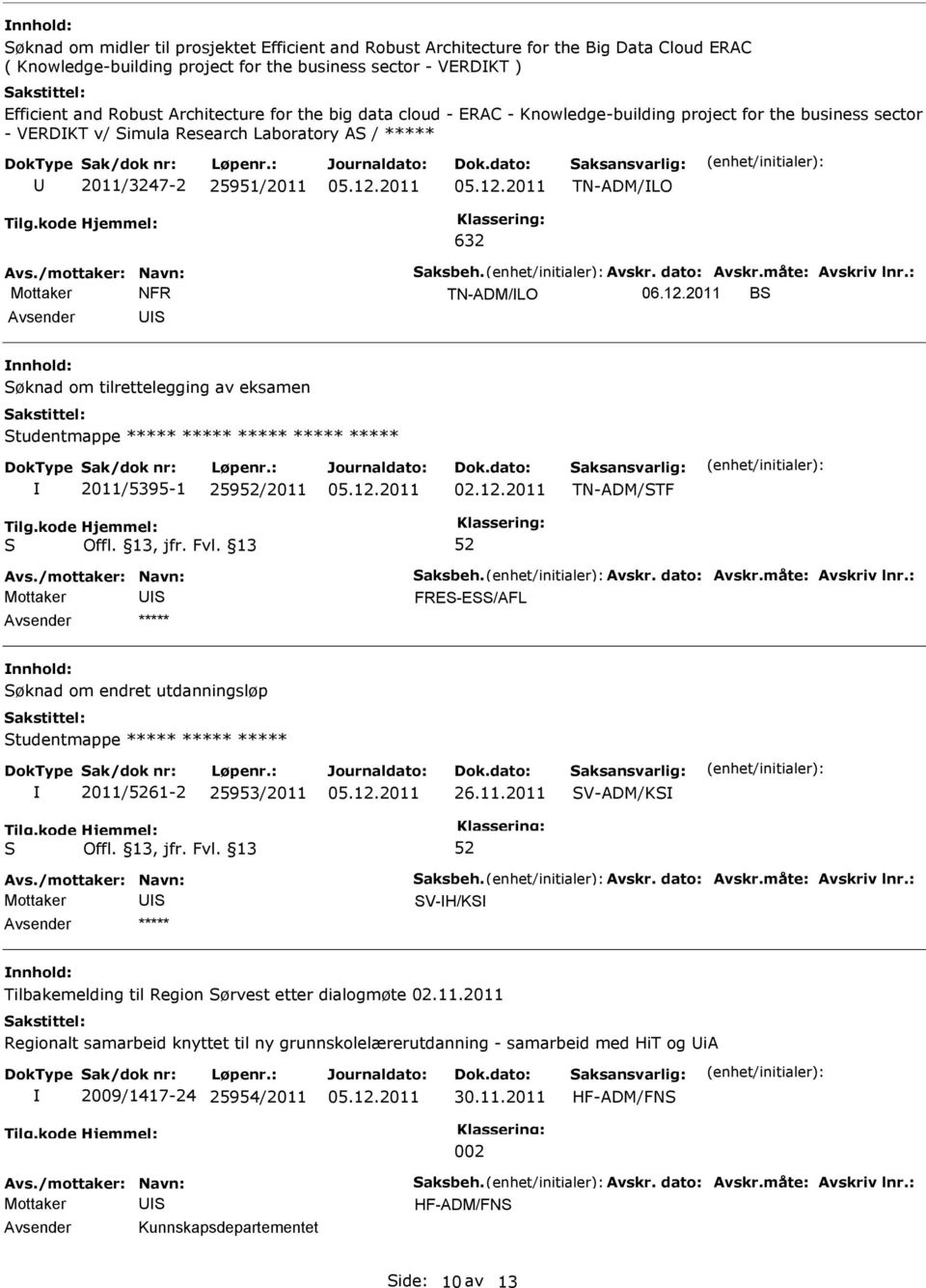 2011 B øknad om tilrettelegging av eksamen tudentmappe ***** ***** ***** ***** ***** 2011/5395-1 259/2011 02.12.