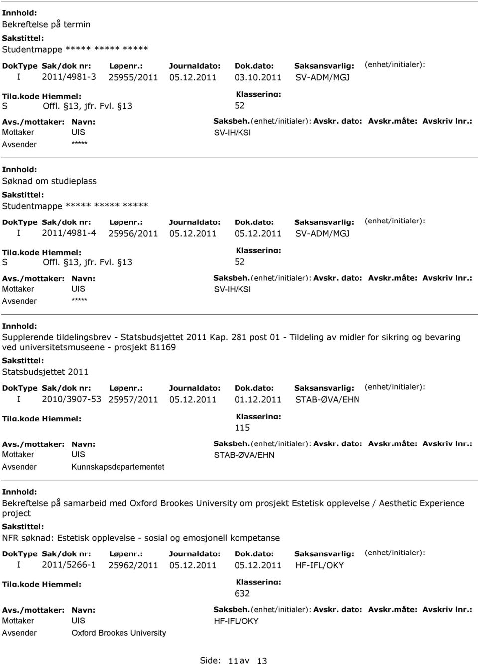 281 post 01 - Tildeling av midler for sikring og bevaring ved universitetsmuseene - prosjekt 81169 tatsbudsjettet 2011 2010/3907-53 25957/2011 TAB-ØVA/EHN 115 TAB-ØVA/EHN