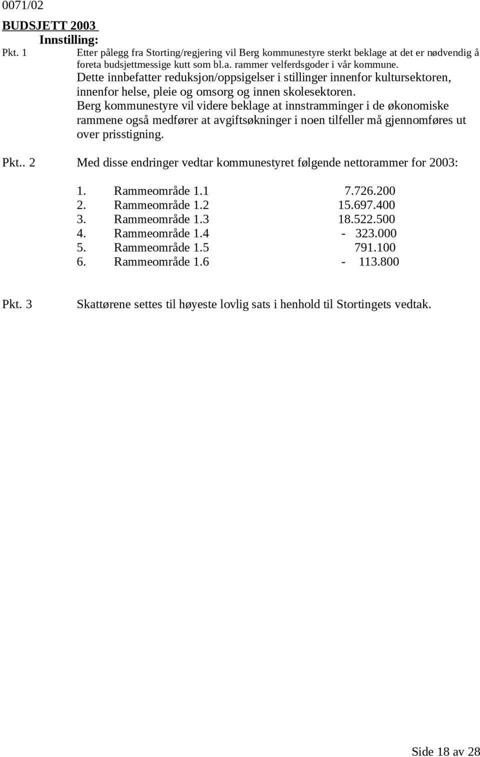 Berg kommunestyre vil videre beklage at innstramminger i de økonomiske rammene også medfører at avgiftsøkninger i noen tilfeller må gjennomføres ut over prisstigning. Pkt.