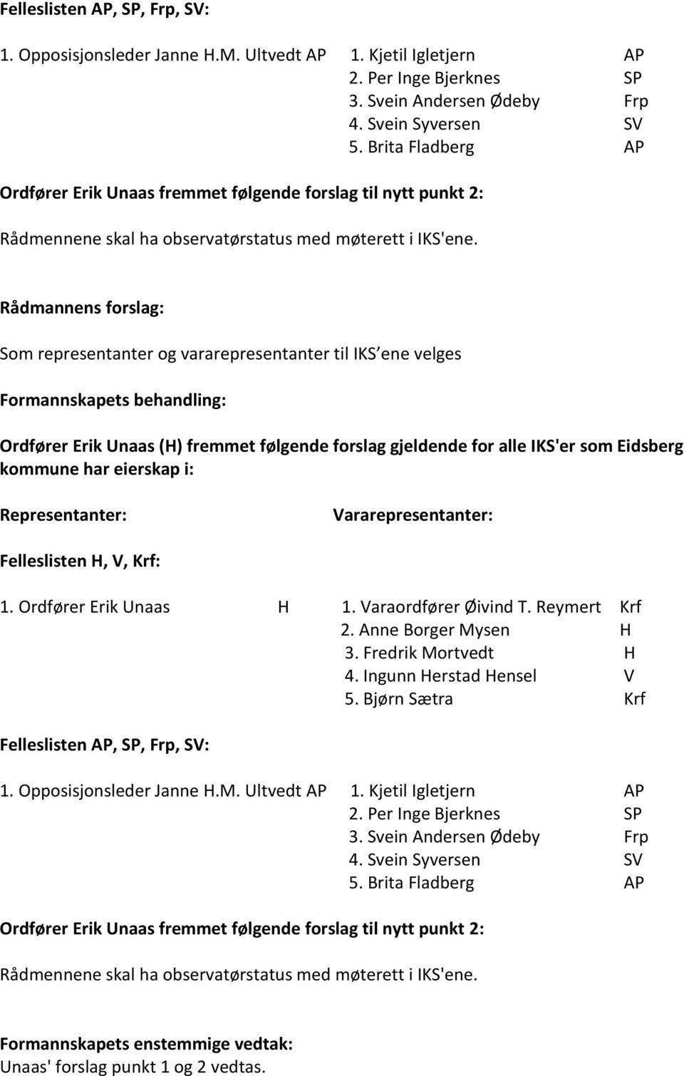 Som representanter og vararepresentanter til IKS ene velges Ordfører Erik Unaas (H) fremmet følgende forslag gjeldende for alle IKS'er som Eidsberg kommune har eierskap i: Representanter: