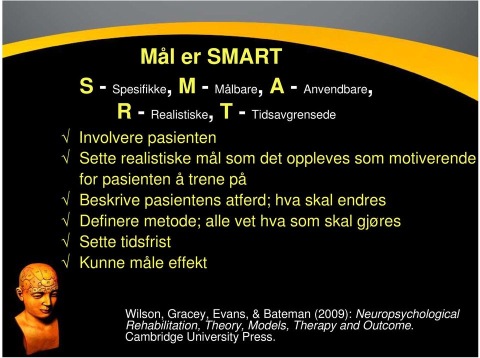 skal endres Definere metode; alle vet hva som skal gjøres Sette tidsfrist Kunne måle effekt Wilson, Gracey, Evans,