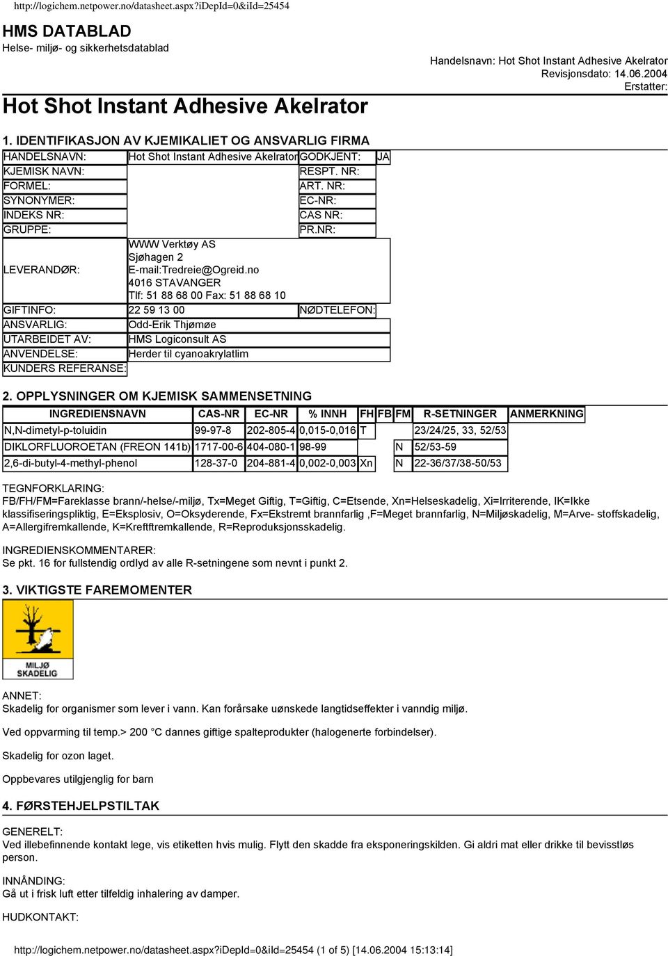 NR: SYNONYMER: EC-NR: INDEKS NR: CAS NR: GRUPPE: PR.NR: LEVERANDØR: WWW Verktøy AS Sjøhagen 2 E-mail:Tredreie@Ogreid.