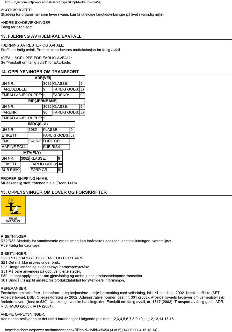 AVFALLSGRUPPE FOR FARLIG AVFALL: Se "Forskrift om farlig avfall" for EAL-kode. 14.