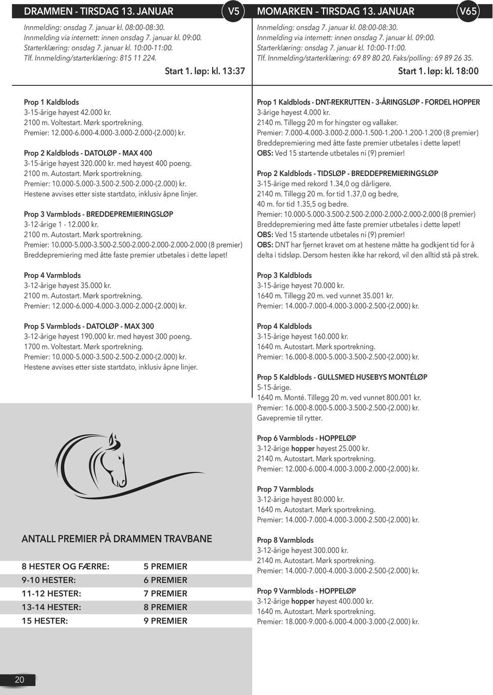 Starterklæring: onsdag 7. januar kl. 10:00-11:00. Tlf. Innmelding/starterklæring: 69 89 80 20. Faks/polling: 69 89 26 35. Start 1. løp: kl. 18:00 Prop 1 Kaldblods 3-15-årige høyest 42.000 kr. 2100 m.