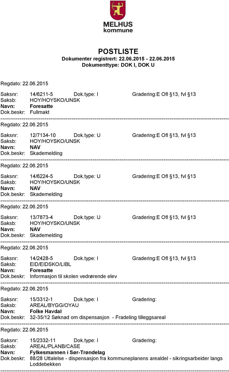 type: I Gradering:E Ofl 13, fvl 13 Saksb: EID/EIDSKO/LIBL Dok.beskr: Informasjon til skolen vedrørende elev Saksnr: 15/3312-1 Dok.type: I Gradering: Saksb: AREAL/BYGG/OYAU Navn: Folke Havdal Dok.