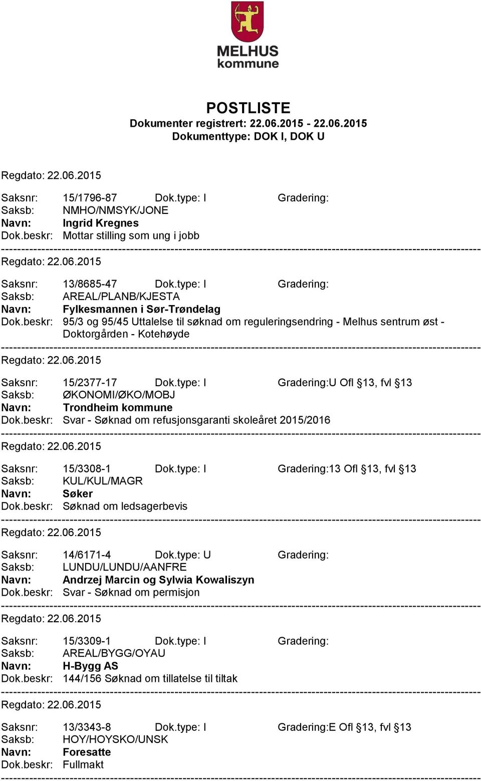 type: I Gradering:U Ofl 13, fvl 13 Saksb: ØKONOMI/ØKO/MOBJ Navn: Trondheim kommune Dok.beskr: Svar - Søknad om refusjonsgaranti skoleåret 2015/2016 Saksnr: 15/3308-1 Dok.