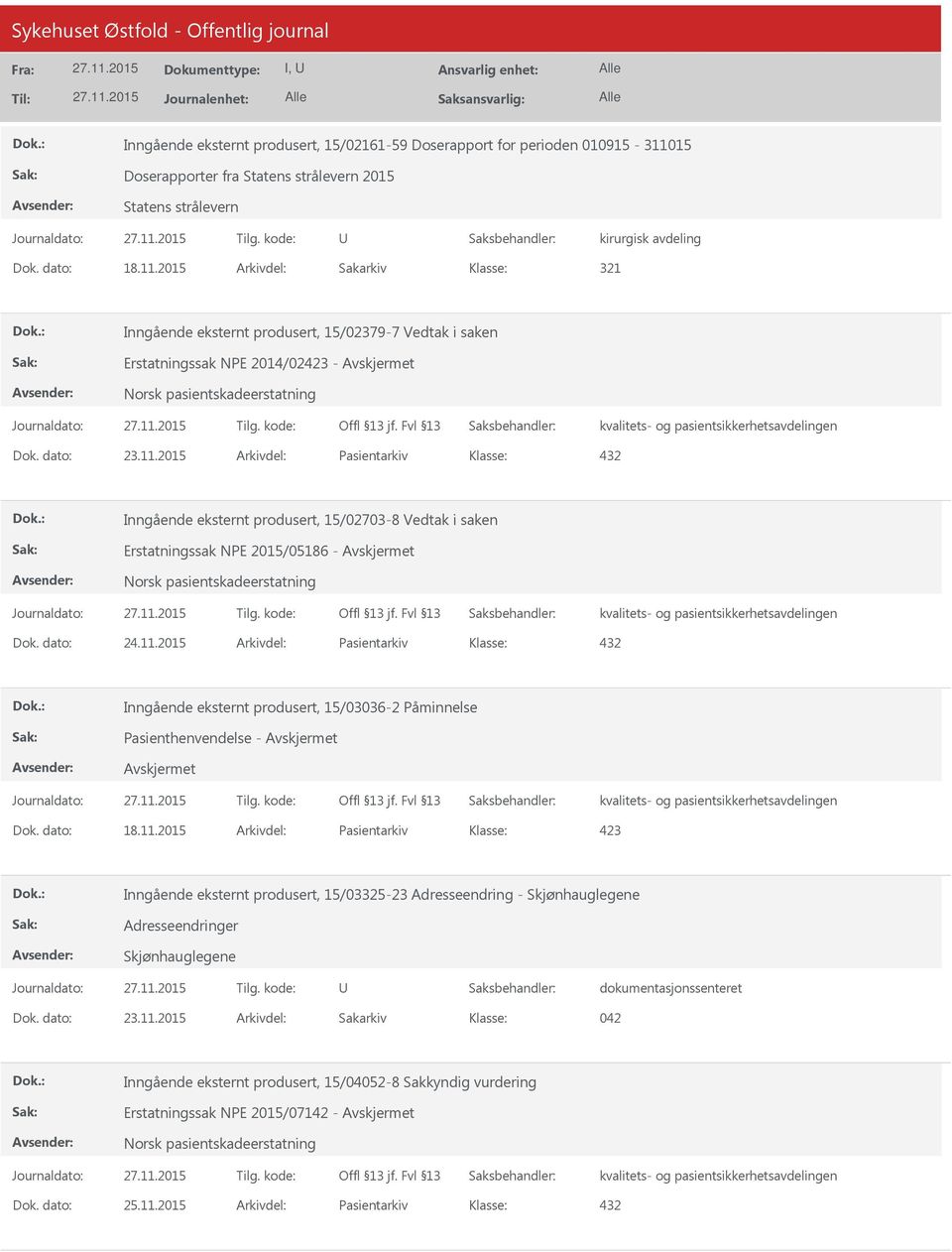 2015 Arkivdel: Pasientarkiv Inngående eksternt produsert, 15/02703-8 Vedtak i saken Erstatningssak NPE 2015/05186 - Inngående eksternt produsert, 15/03036-2 Påminnelse Pasienthenvendelse - Dok.