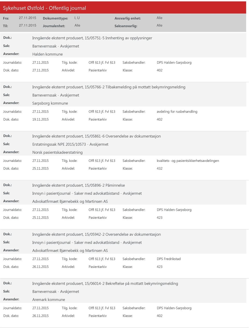 2015 Arkivdel: Pasientarkiv Inngående eksternt produsert, 15/05861-6 Oversendelse av dokumentasjon Erstatningssak NPE 2015/10573 - Dok. dato: 25.11.