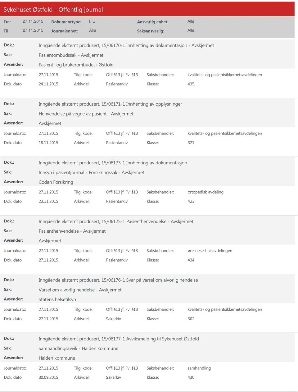 dato: Arkivdel: Pasientarkiv 434 Inngående eksternt produsert, 15/06176-1 Svar på varsel om alvorlig hendelse Varsel om alvorlig hendelse - Statens helsetilsyn Dok.