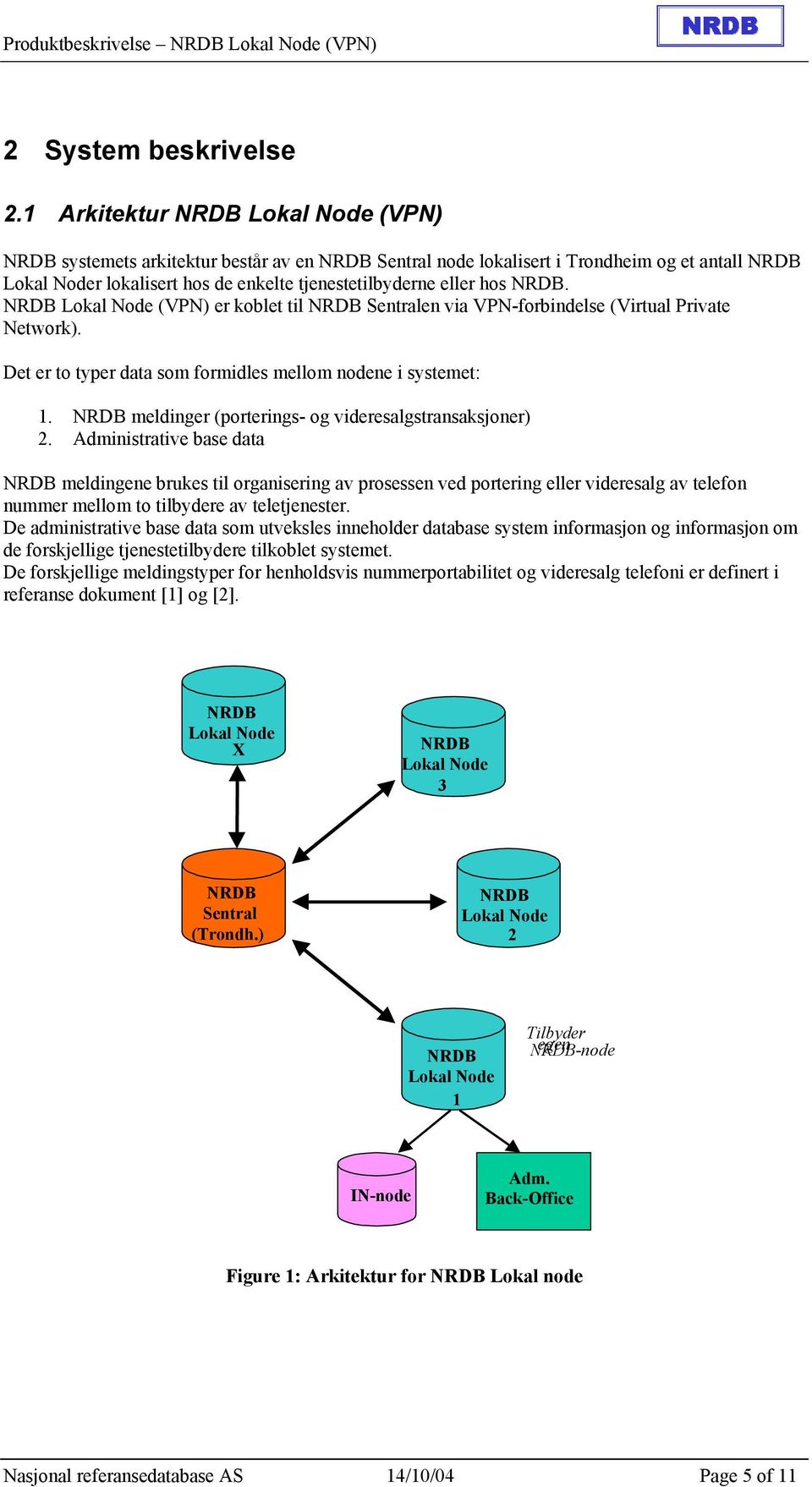 Lokal Node (VPN) er koblet til Sentralen via VPN-forbindelse (Virtual Private Network). Det er to typer data som formidles mellom nodene i systemet: 1.