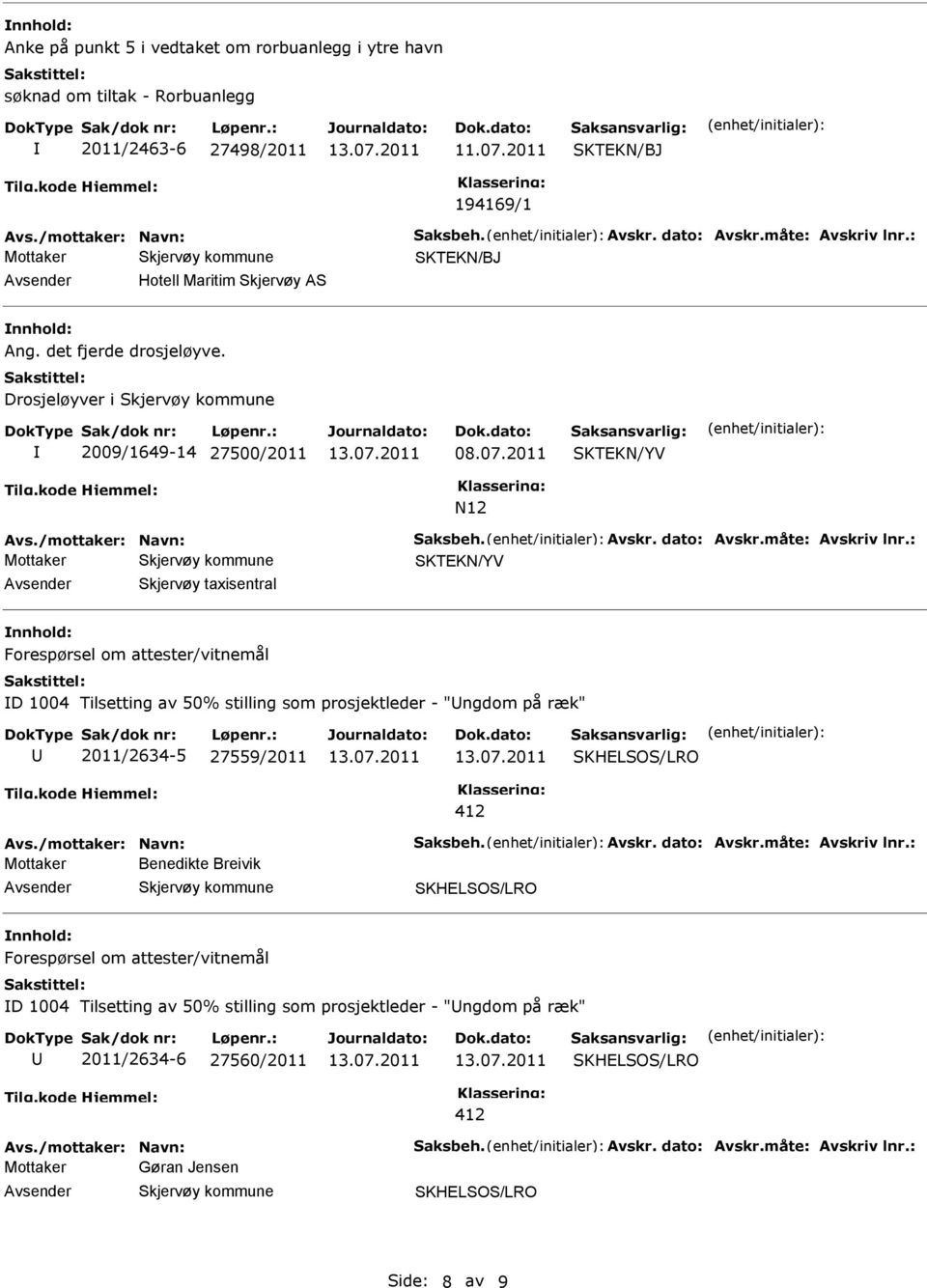 2011 SKTEKN/YV N12 SKTEKN/YV Skjervøy taxisentral Forespørsel om attester/vitnemål D 1004 Tilsetting av 50% stilling som prosjektleder - "ngdom