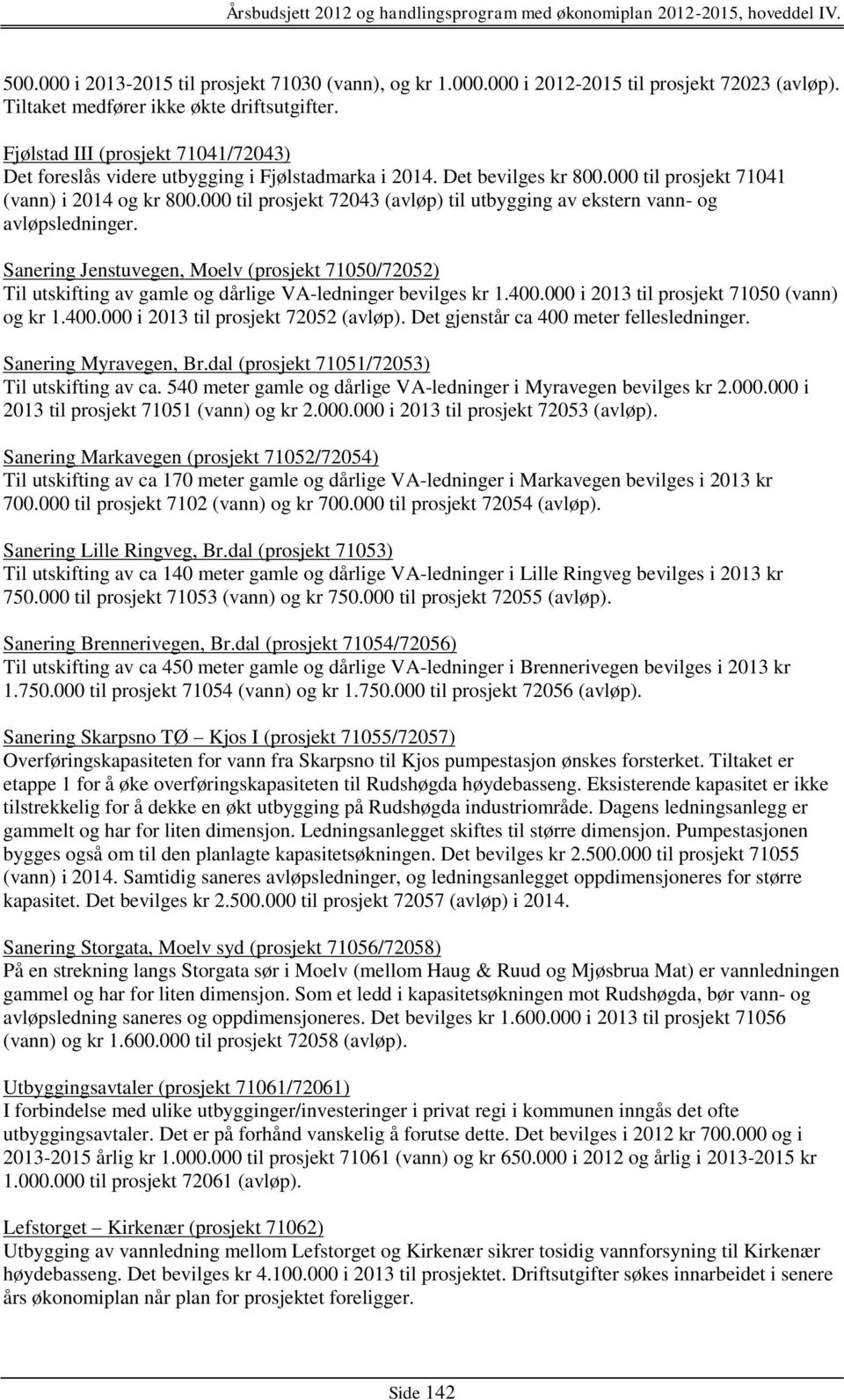 000 til prosjekt 72043 (avløp) til utbygging av ekstern vann- og avløpsledninger. Sanering Jenstuvegen, Moelv (prosjekt 71050/72052) Til utskifting av gamle og dårlige VA-ledninger bevilges kr 1.400.