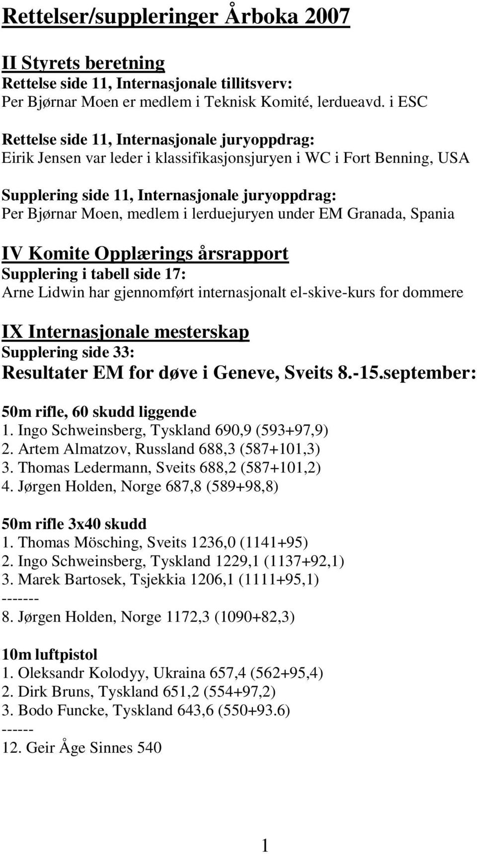 lerduejuryen under EM Granada, Spania IV Komite Opplærings årsrapport Supplering i tabell side 17: Arne Lidwin har gjennomført internasjonalt el-skive-kurs for dommere IX Internasjonale mesterskap