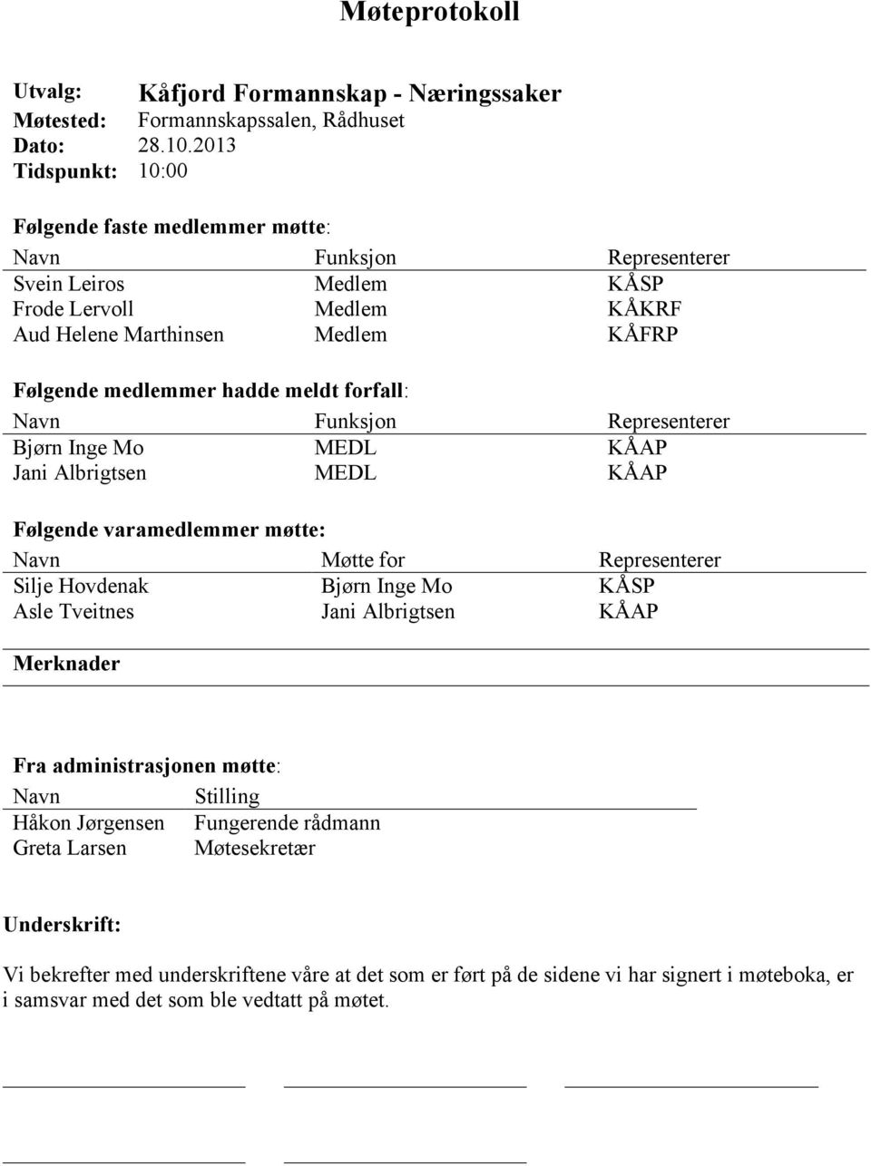 meldt forfall: Navn Funksjon Representerer Bjørn Inge Mo MEDL KÅAP Jani Albrigtsen MEDL KÅAP Følgende varamedlemmer møtte: Navn Møtte for Representerer Silje Hovdenak Bjørn Inge Mo KÅSP Asle