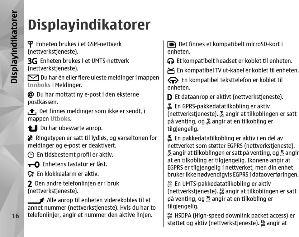 Du har ubesvarte anrop. Ringetypen er satt til lydløs, og varseltonen for meldinger og e-post er deaktivert. En tidsbestemt profil er aktiv. Enhetens tastatur er låst. En klokkealarm er aktiv.