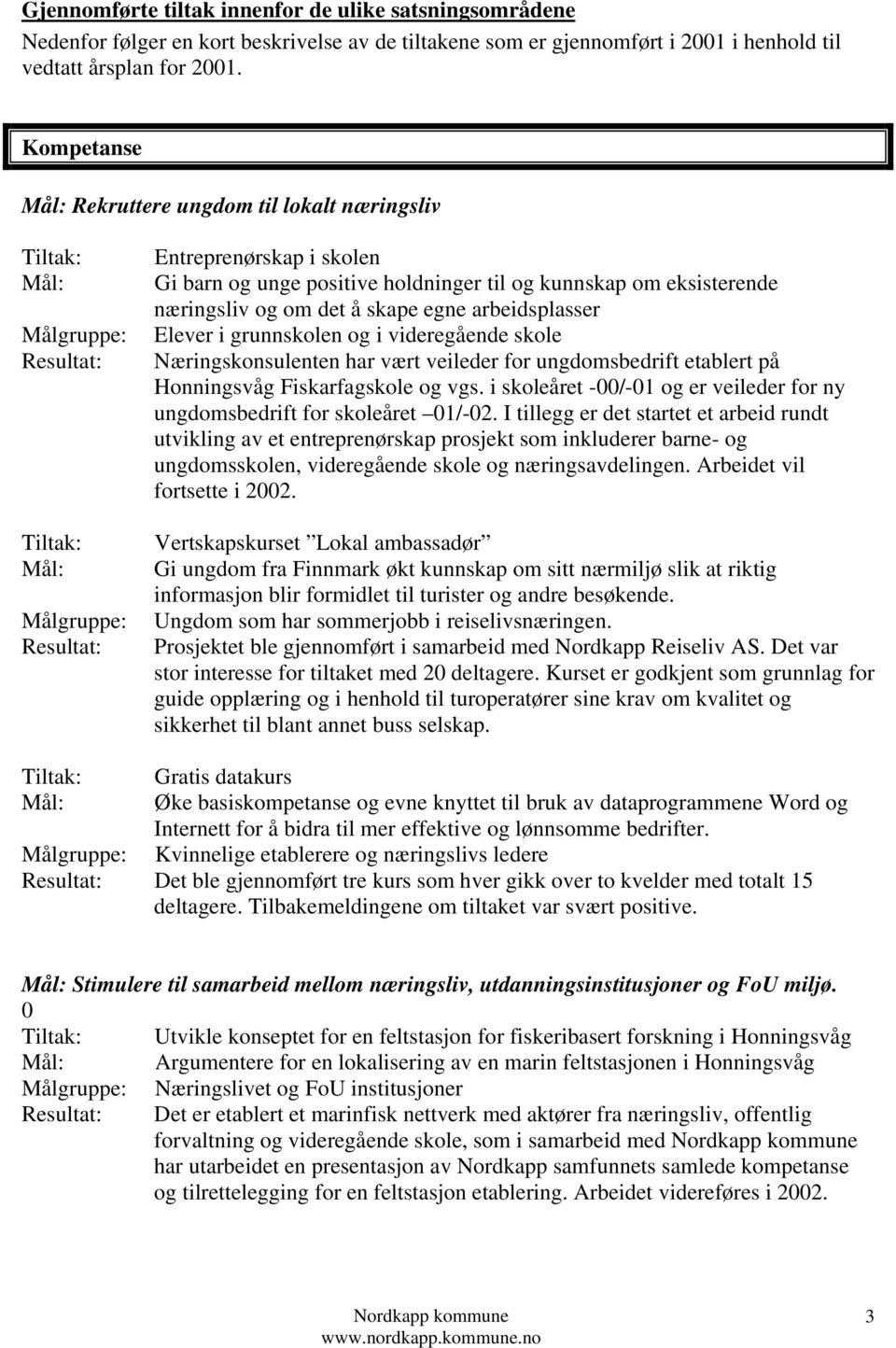 i grunnskolen og i videregående skole Næringskonsulenten har vært veileder for ungdomsbedrift etablert på Honningsvåg Fiskarfagskole og vgs.