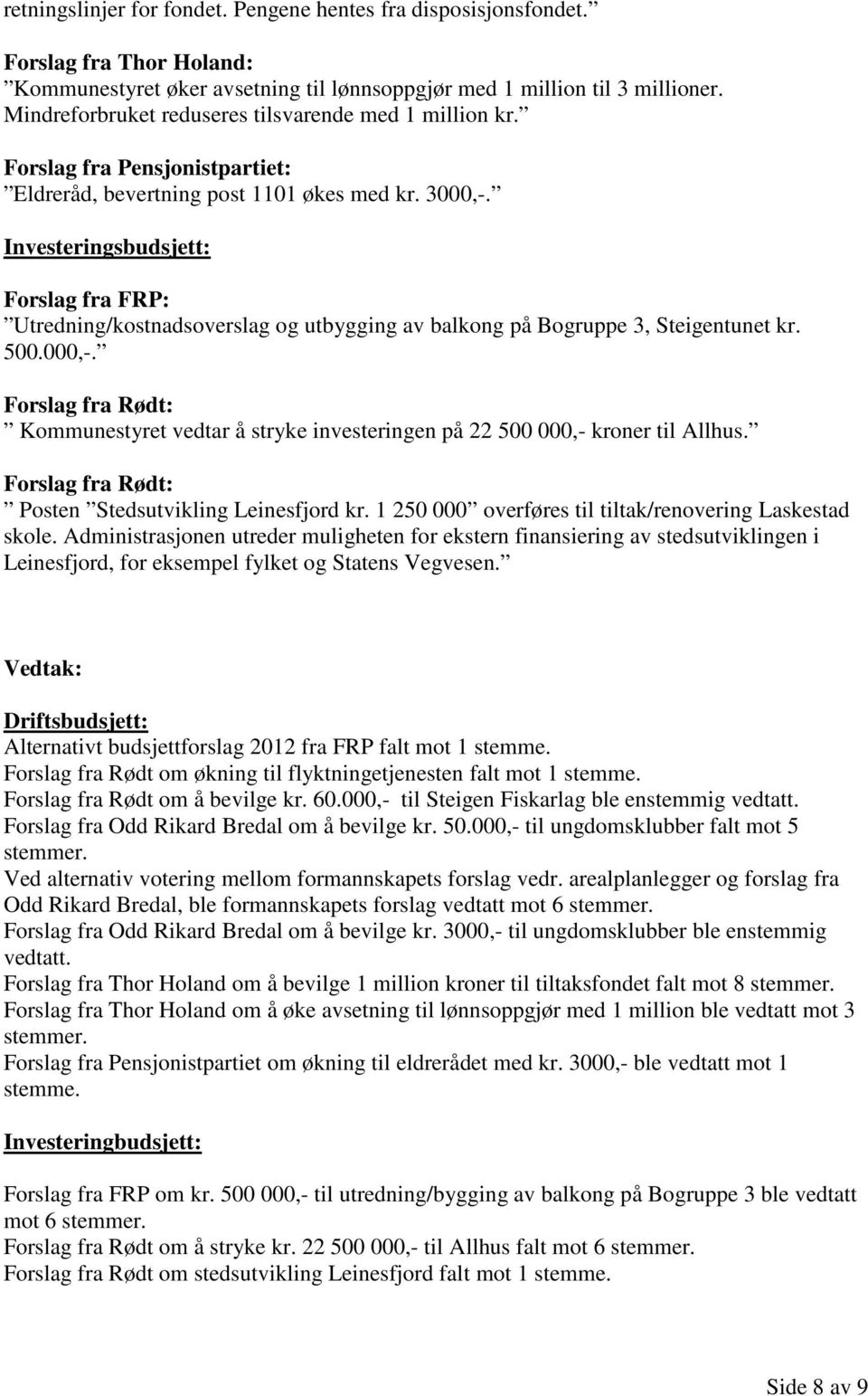 Investeringsbudsjett: Forslag fra FRP: Utredning/kostnadsoverslag og utbygging av balkong på Bogruppe 3, Steigentunet kr. 500.000,-.