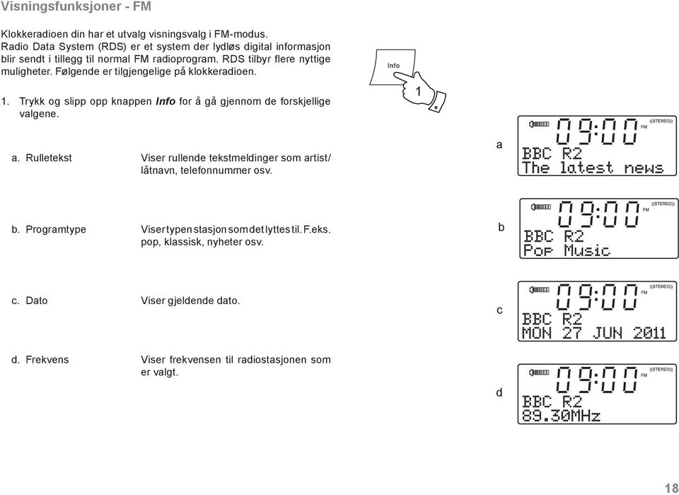 Følgende er tilgjengelige på klokkeradioen.. Trykk og slipp opp knappen Info for å gå gjennom de forskjellige valgene. a.