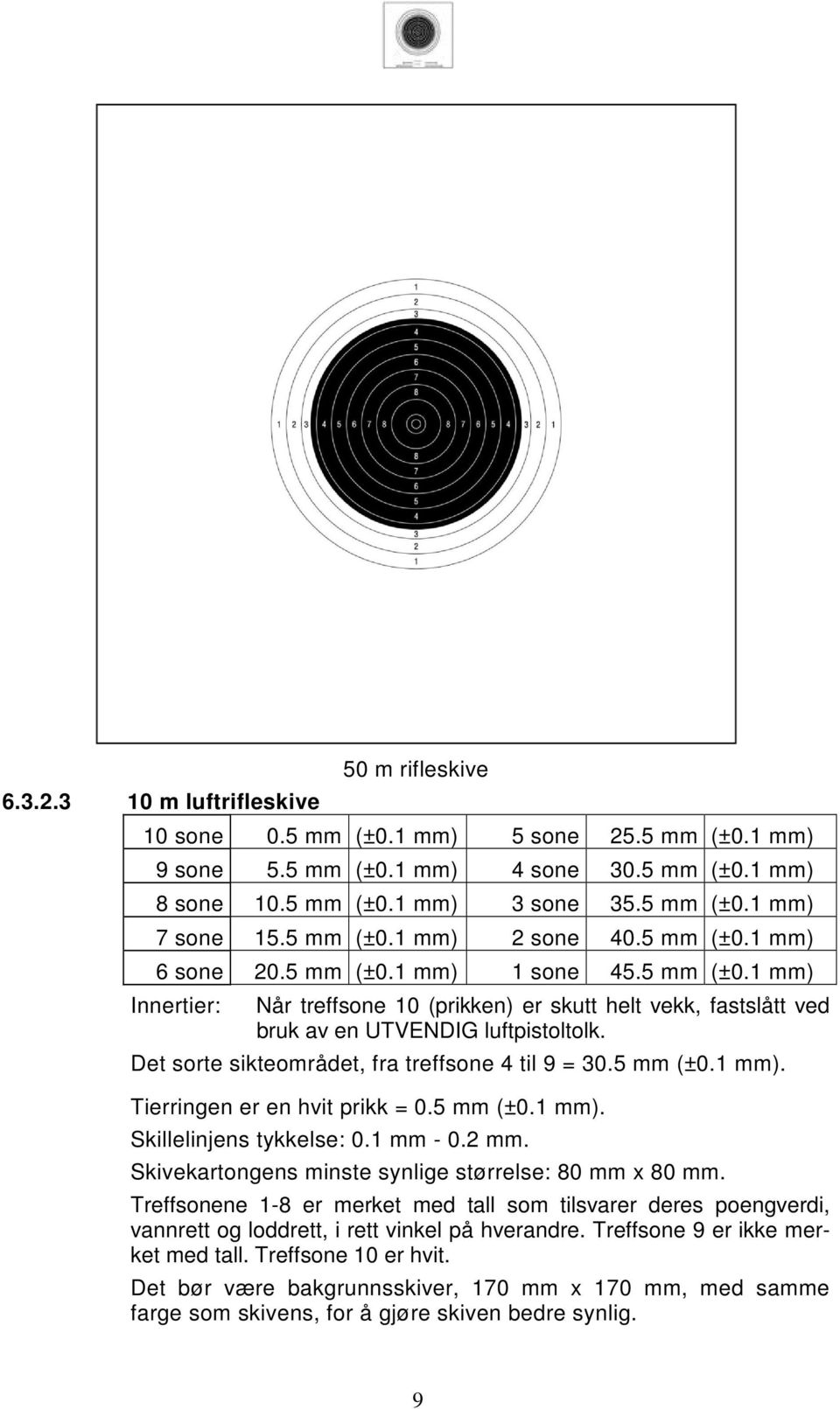 Det sorte sikteområdet, fra treffsone 4 til 9 = 30.5 mm (±0.1 mm). Tierringen er en hvit prikk = 0.5 mm (±0.1 mm). Skillelinjens tykkelse: 0.1 mm - 0.2 mm.