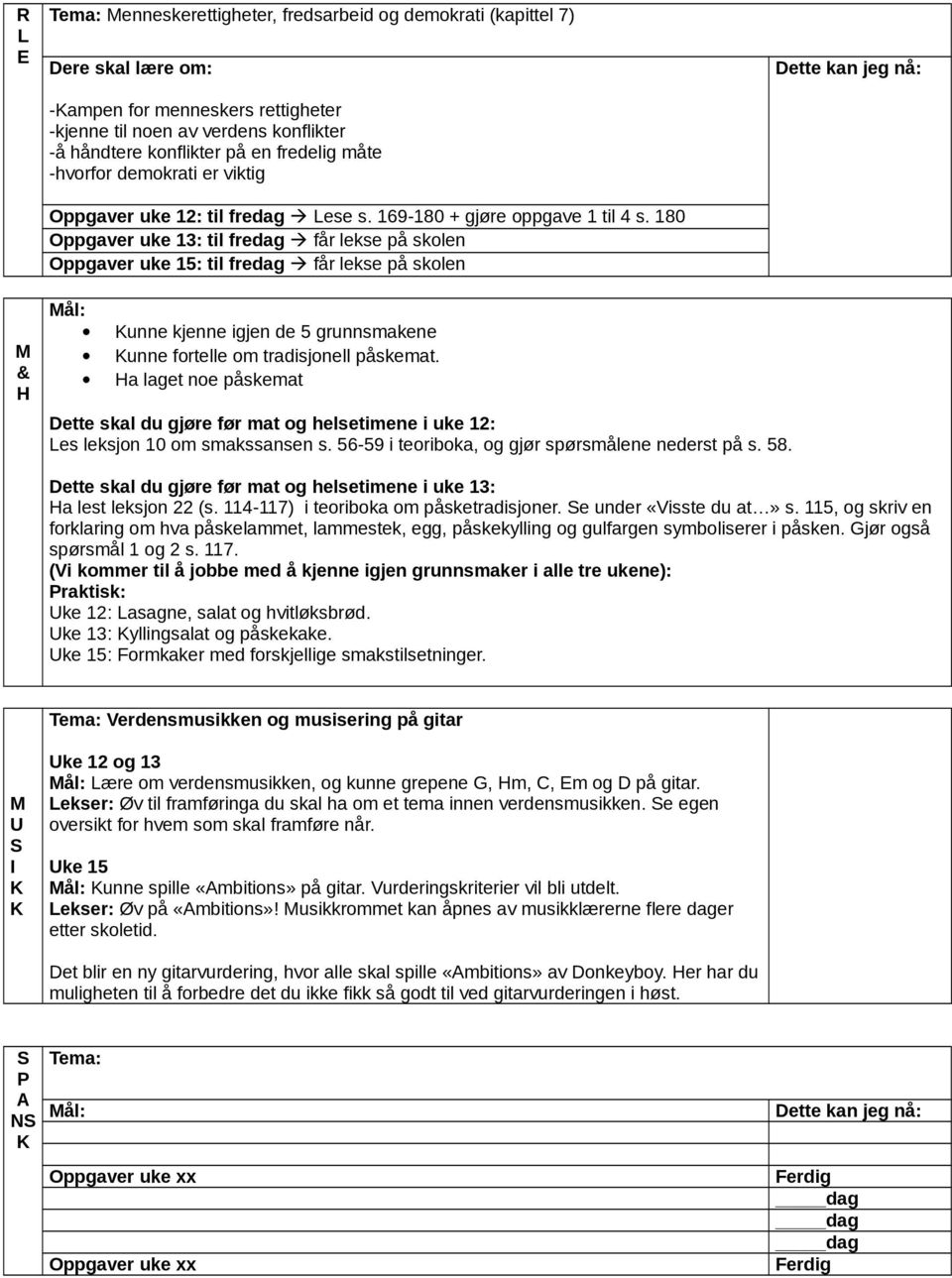 180 Oppgaver uke 13: til fredag får lekse på skolen Oppgaver uke 15: til fredag får lekse på skolen & H ål: unne kjenne igjen de 5 grunnsmakene unne fortelle om tradisjonell påskemat.