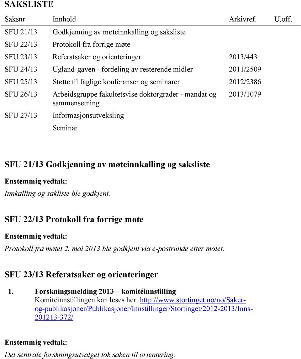 2011/2509 SFU 25/13 Støtte til faglige konferanser og seminarer 2012/2386 SFU 26/13 SFU 27/13 Arbeidsgruppe fakultetsvise doktorgrader - mandat og sammensetning Informasjonsutveksling Seminar