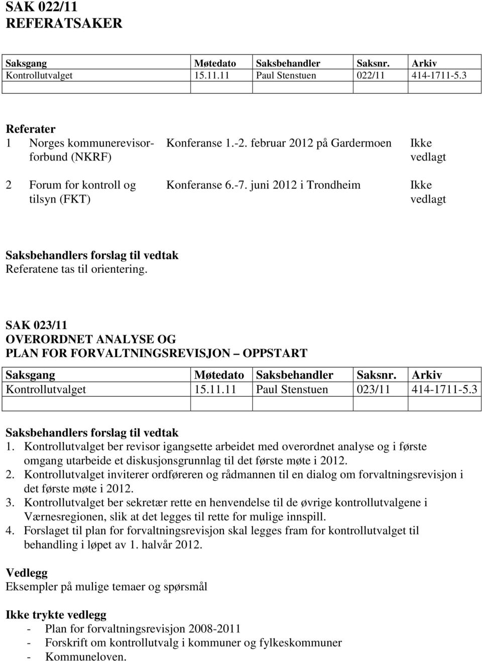 SAK 023/11 OVERORDNET ANALYSE OG PLAN FOR FORVALTNINGSREVISJON OPPSTART Kontrollutvalget 15.11.11 Paul Stenstuen 023/11 414-1711-5.3 1.