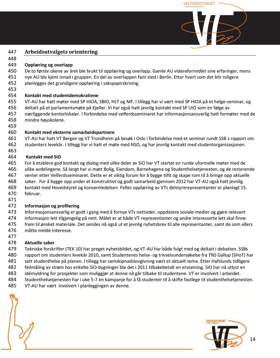 Etter hvert som det blir roligere planlegges det grundigere opplæring i sakspapirskriving. Kontakt med studentdemokratiene VT-AU har hatt møter med SP HiOA, SBIO, HLT og MF.