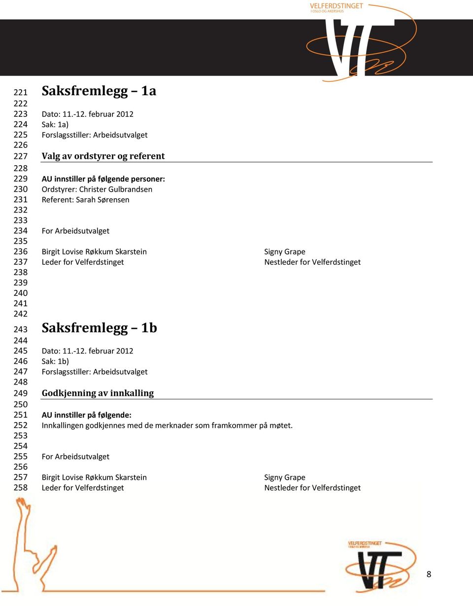 Birgit Lovise Røkkum Skarstein Signy Grape Leder for Velferdstinget Nestleder for Velferdstinget Saksfremlegg 1b Dato: 11.-12.