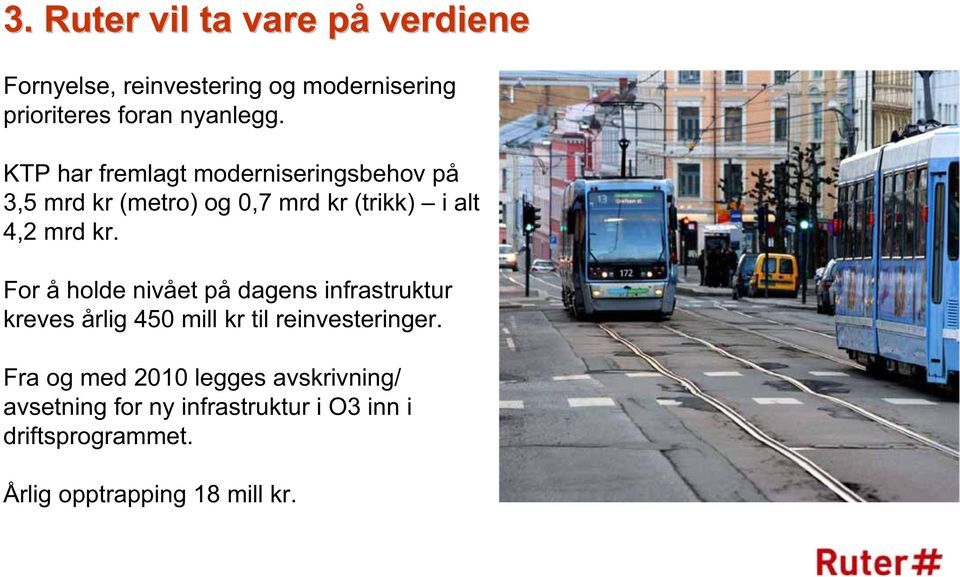 For å holde nivået på dagens infrastruktur kreves årlig 450 mill kr til reinvesteringer.