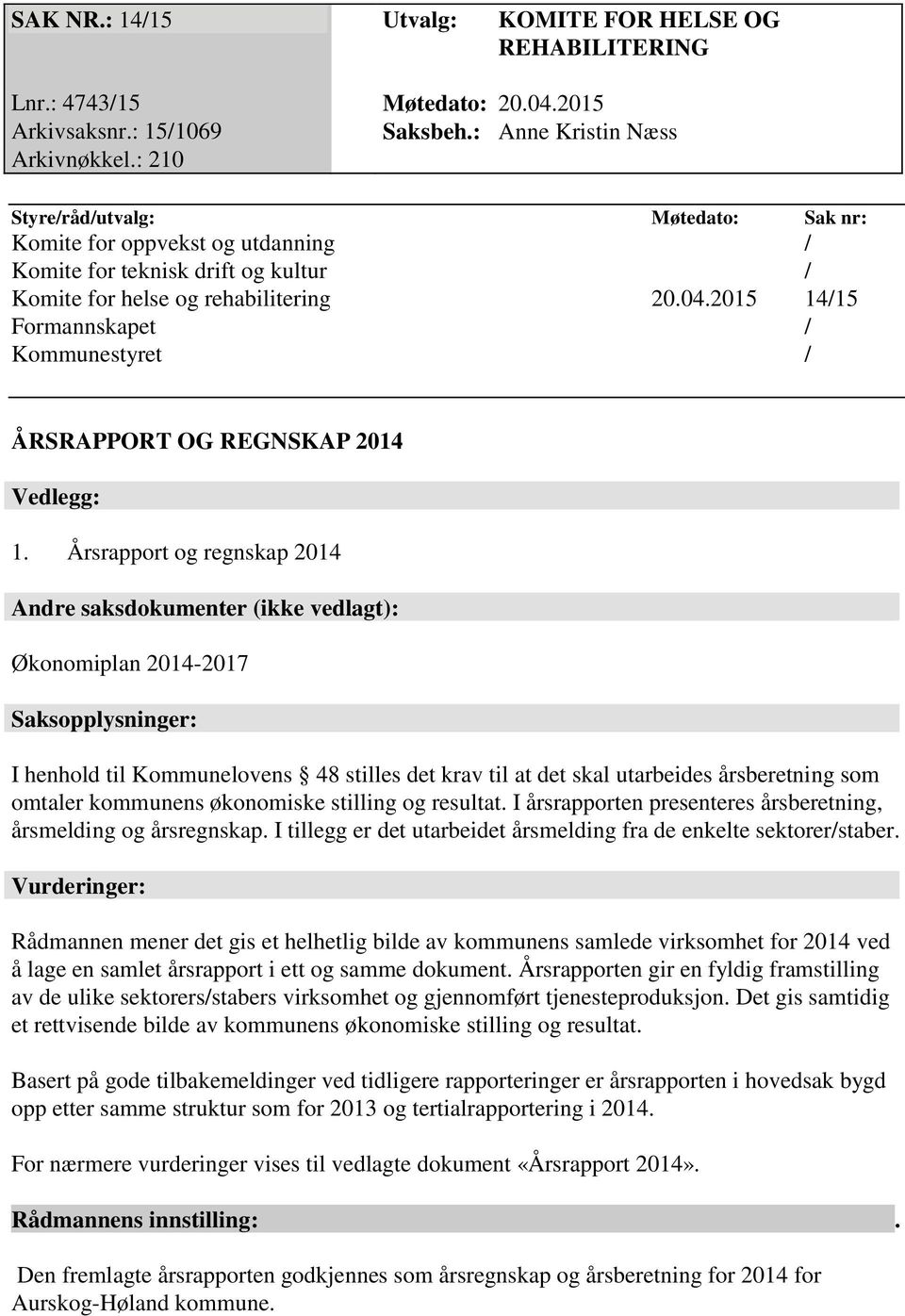2015 14/15 Formannskapet / Kommunestyret / ÅRSRAPPORT OG REGNSKAP 2014 Vedlegg: 1.