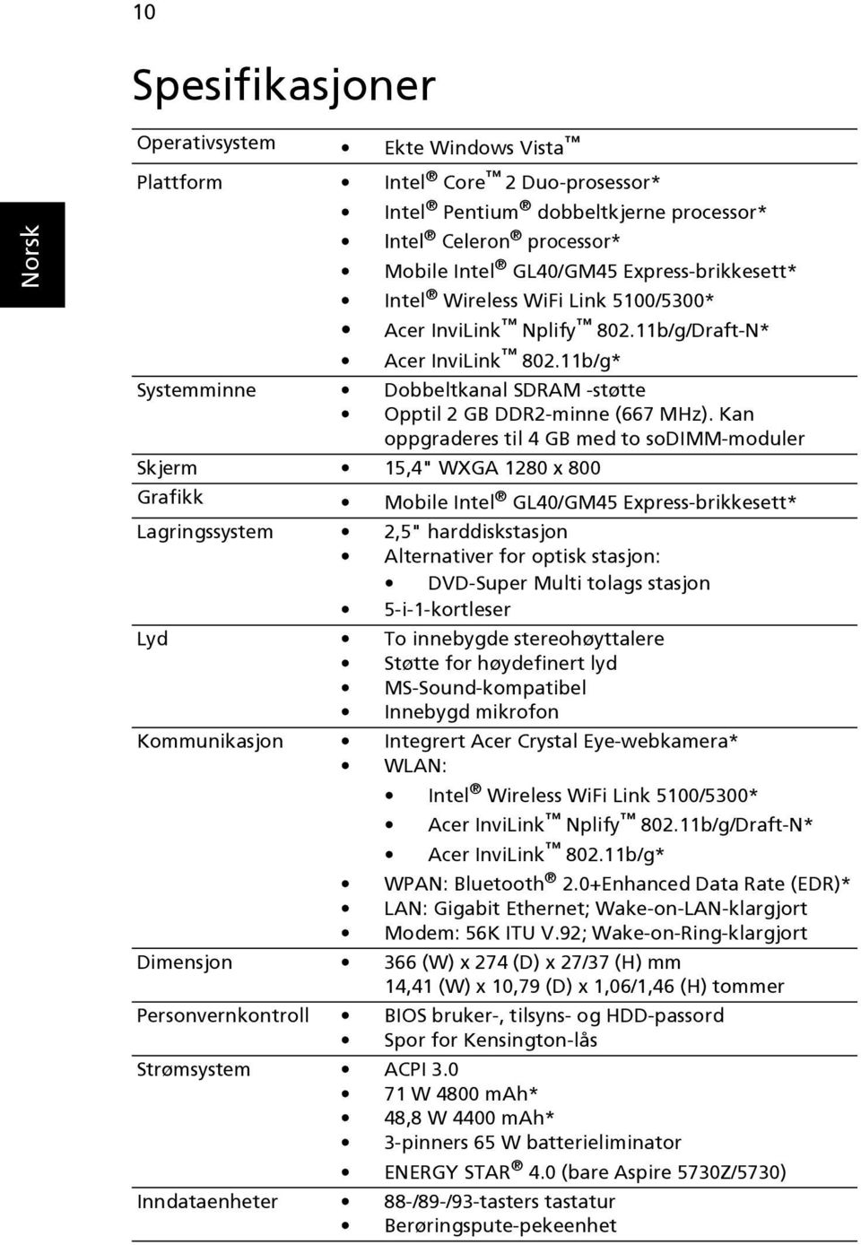 Kan oppgraderes til 4 GB med to sodimm-moduler Skjerm 15,4" WXGA 1280 x 800 Grafikk Mobile Intel GL40/GM45 Express-brikkesett* Lagringssystem 2,5" harddiskstasjon Alternativer for optisk stasjon: