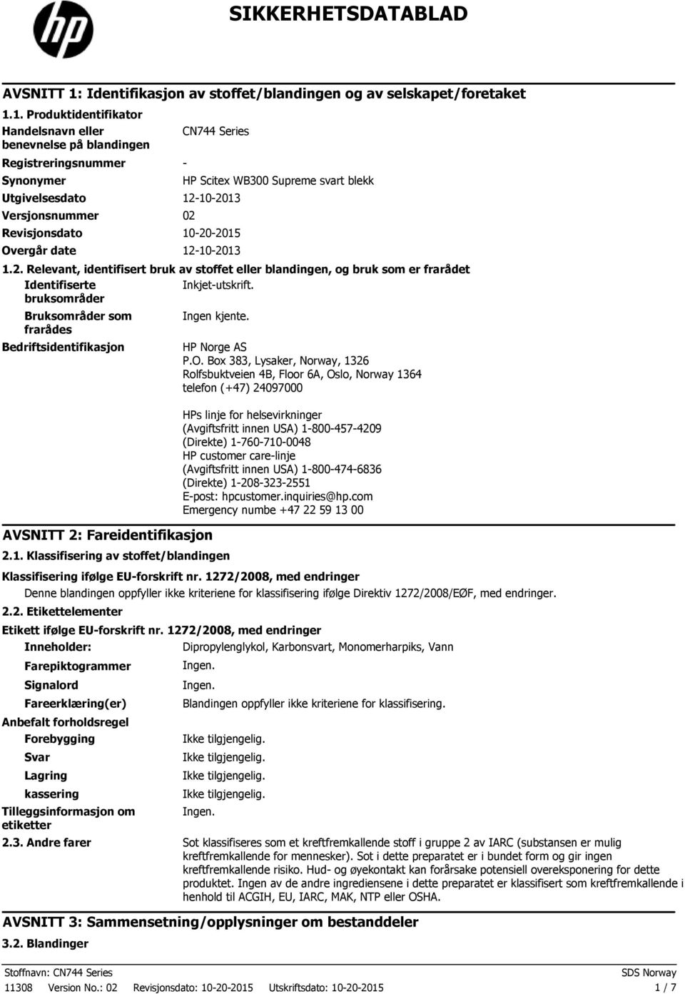 1. Produktidentifikator Handelsnavn eller benevnelse på blandingen Registreringsnummer Synonymer CN744 Series Utgivelsesdato 12102013 Versjonsnummer 02 Revisjonsdato 10202015 Overgår date 12102013 HP