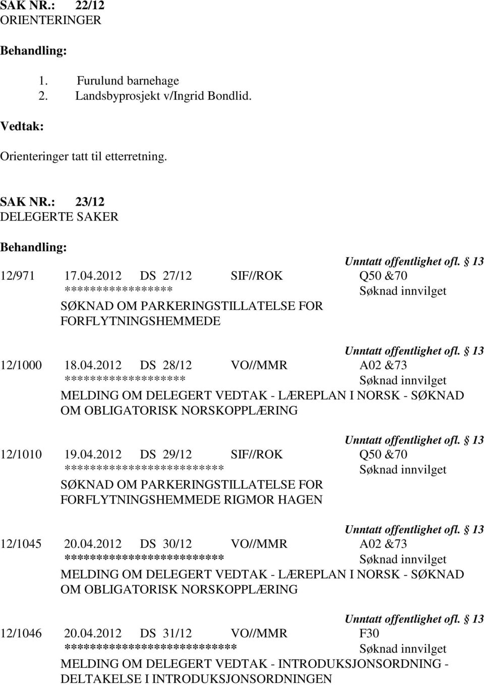 2012 DS 28/12 VO//MMR A02 &73 ******************* Søknad innvilget MELDING OM DELEGERT VEDTAK - LÆREPLAN I NORSK - SØKNAD OM OBLIGATORISK NORSKOPPLÆRING 12/1010 19.04.