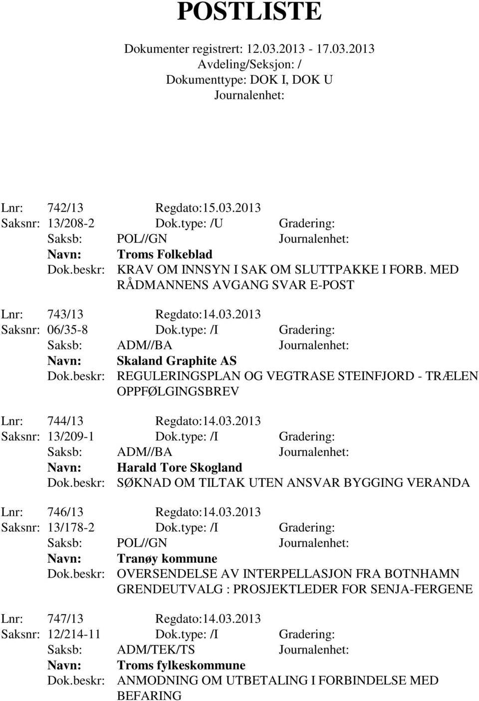 beskr: REGULERINGSPLAN OG VEGTRASE STEINFJORD - TRÆLEN OPPFØLGINGSBREV Lnr: 744/13 Regdato:14.03.2013 Saksnr: 13/209-1 Dok.type: /I Gradering: Navn: Harald Tore Skogland Dok.